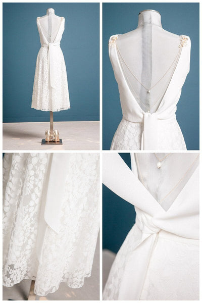 Ärmelloses Brauttop mit tiefem Rückenausschnitt mit Schnürband - Liza Ivory Eco mit Blütenrock an Puppe, Collage aus Detailbildern