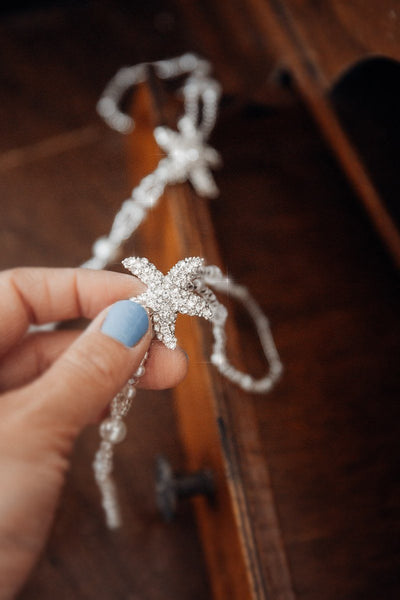 Barfußsandalen für die Braut, Fußschmuck aus Perlen mit Seestern Detail