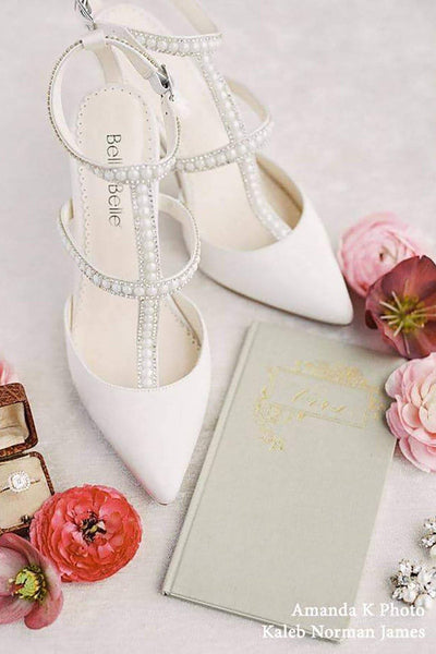 Elegante Wedding Heels mit T-Strap und Perlenverzierung