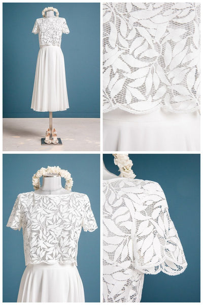 Brauttop, transparentes Brautjäckchen aus Botanik-Spitze mit kurzen Ärmeln - Emmi mit Chiffonrock Midi, Collage aus Detailbildern