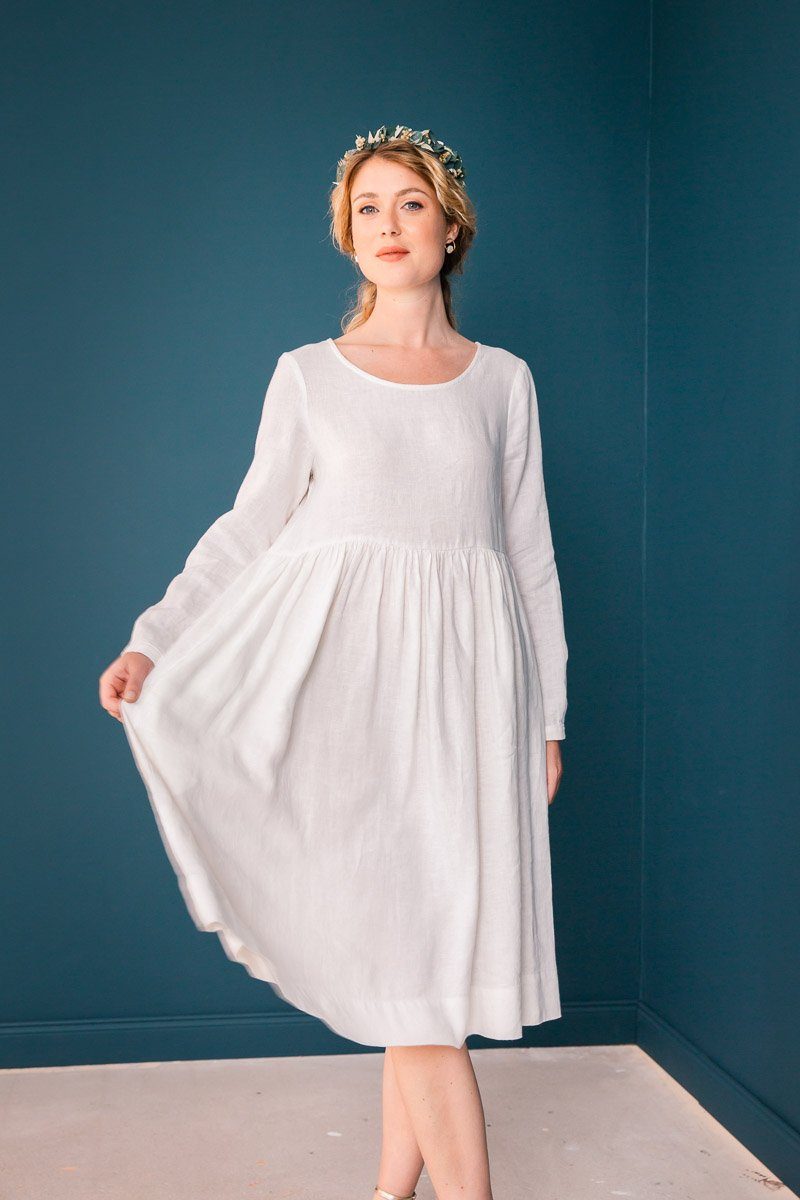 Schlichtes Smock Kleid aus Leinen, White Magnolia