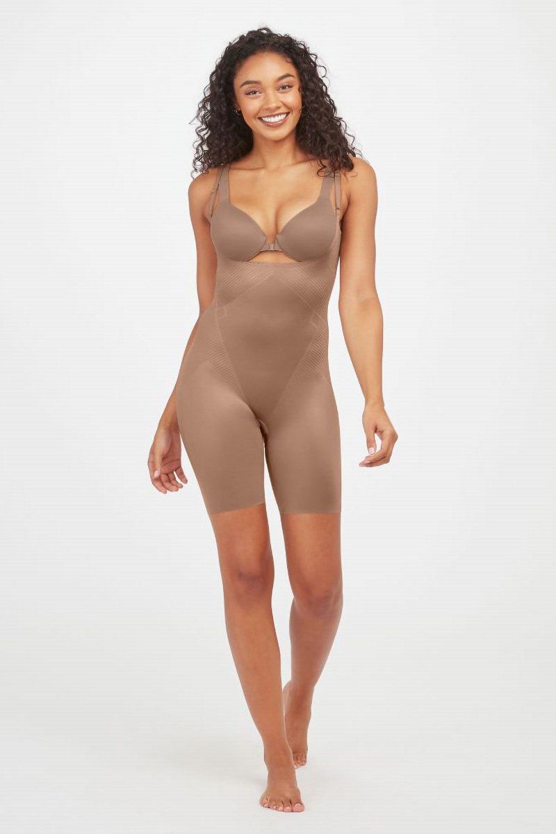 Spanx: Thinstincts® 2.0 Open-Bust Mid-Thigh Champagne Bodysuit